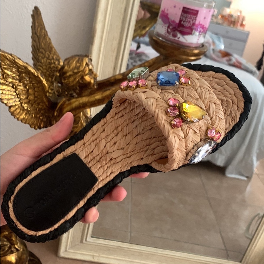 Tory Burch crystal jeweled raffia slide